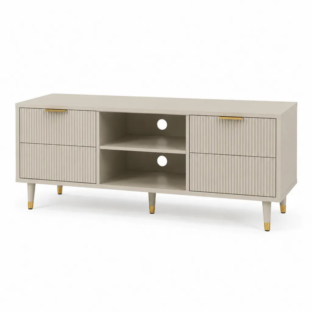 TV-Lowboard 160 x 40 x 60 cm aus MDF rechteckig in Greige mit 4 Schubladen und 2 offenen Fachern