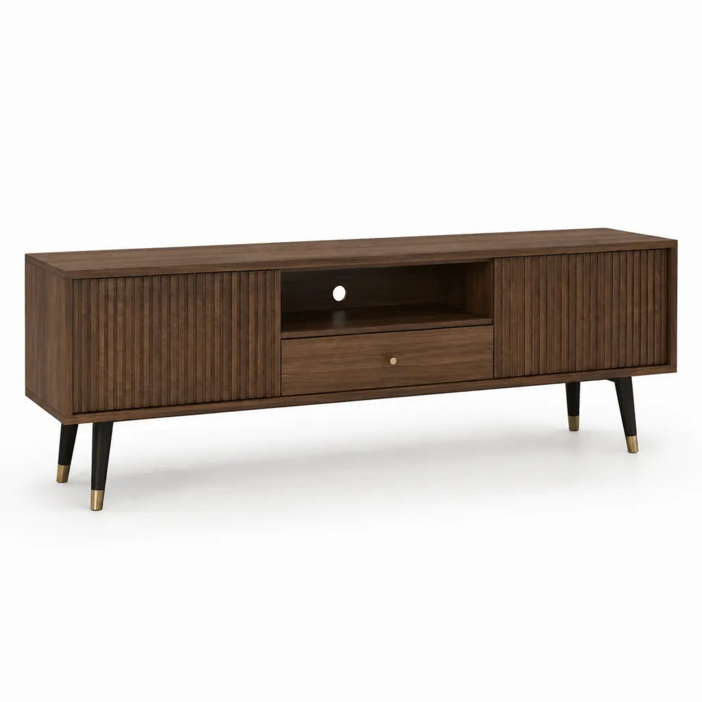 TV-Lowboard mit 2 Turen 2 Schubladen und Kabeldurchlass 160 x 40 x 60 cm MDF Walnussfurnier rechteckig walnussbraun