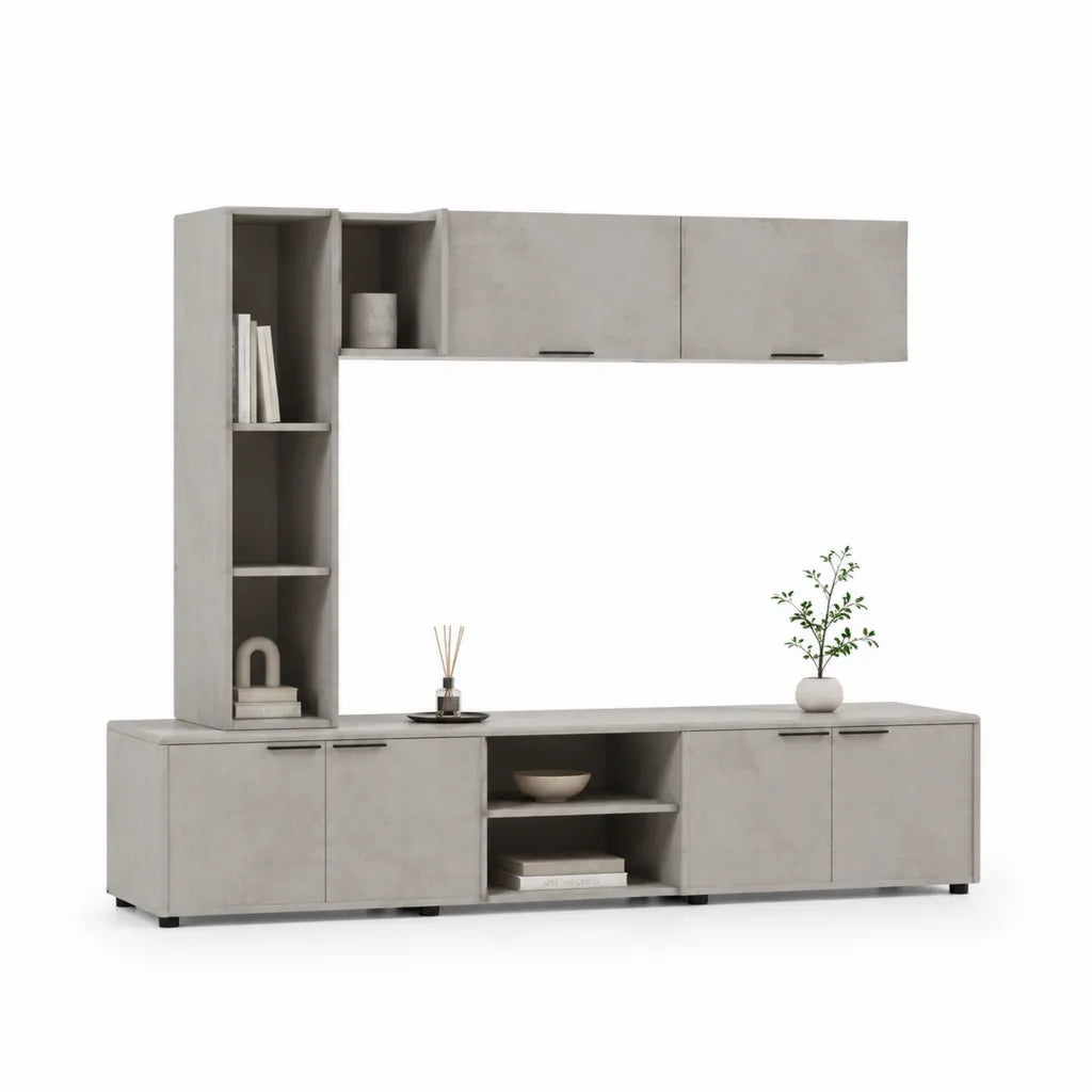 Wohnwand TV-Schrank Set 240 x 40 x 190 cm melaminbeschichtete Spanplatte L-Form Betongrau