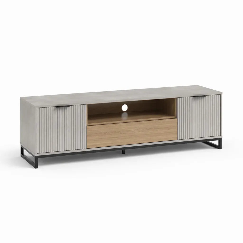 TV-Lowboard 160 x 40 x 50 cm aus MDF mit geriffelter Front in Grau Eiche und Schwarz