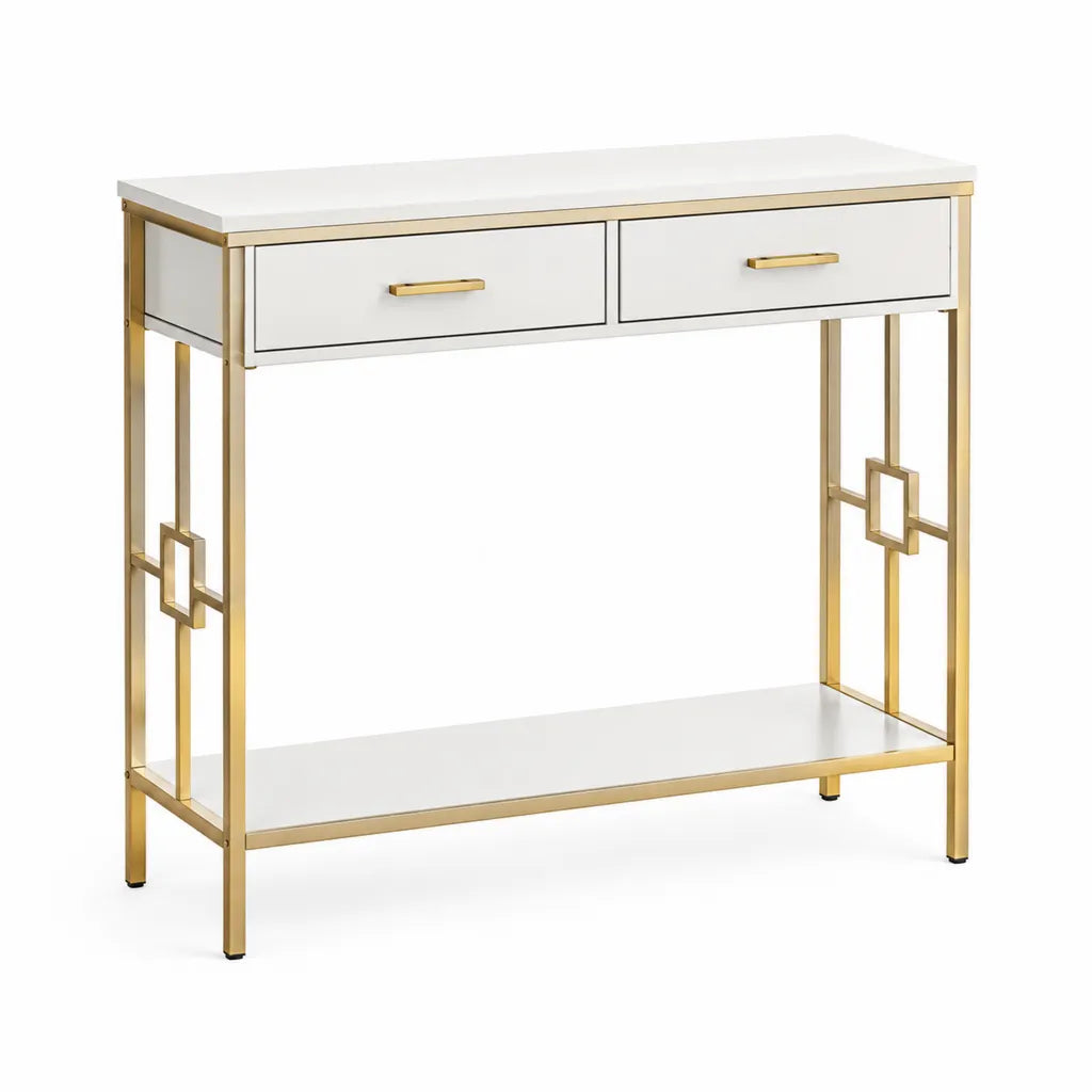 Konsolentisch mit 2 Schubladen 100 x 30 x 80 cm MDF Stahl rechteckig Weiss Gold