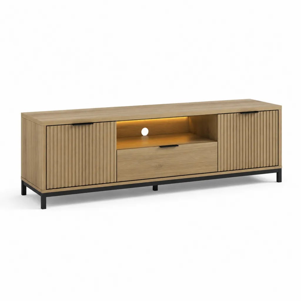 TV Lowboard 160 x 40 x 60 cm aus MDF mit Eichenholzdekor rechteckig Natur Schwarz mit LED-Beleuchtung