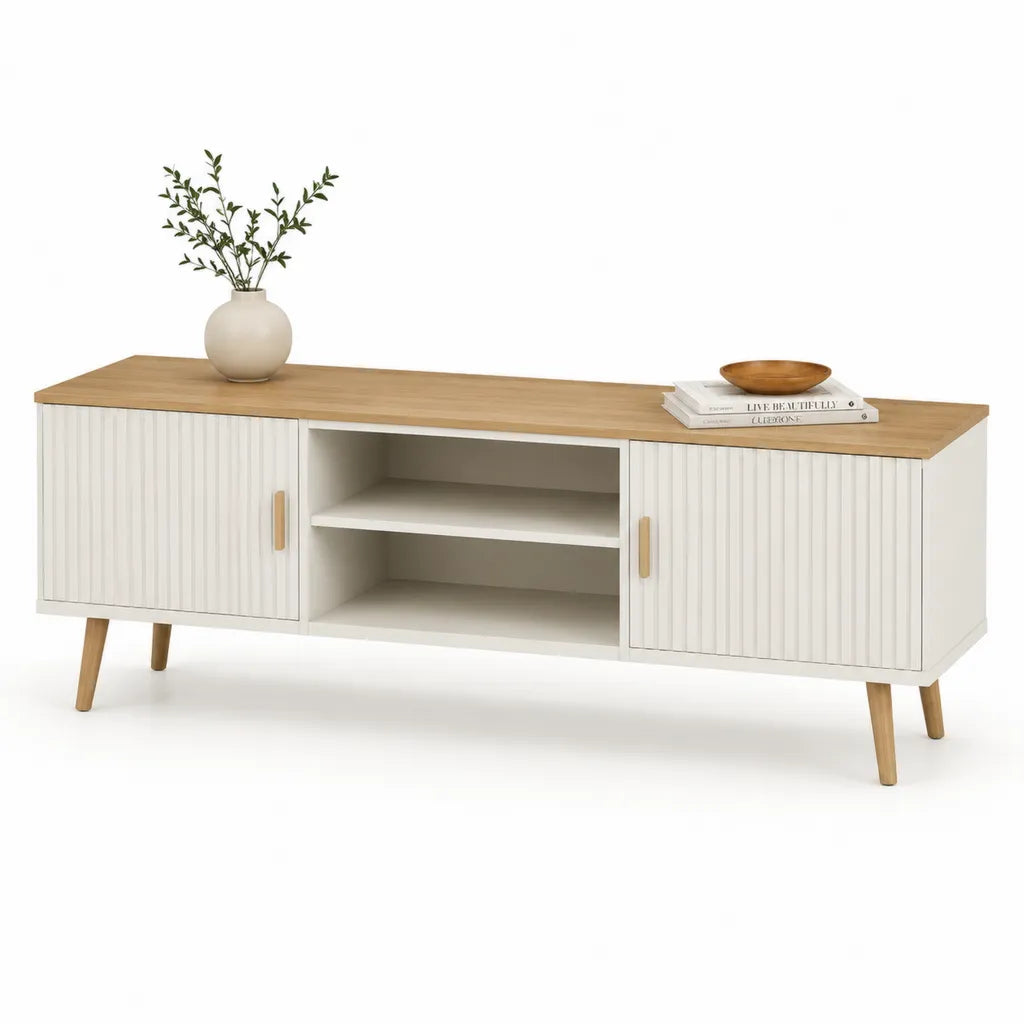 TV-Lowboard mit 2 Turen und 2 offenen Ablagen MDF Weiss Natur 160 x 40 x 60 cm