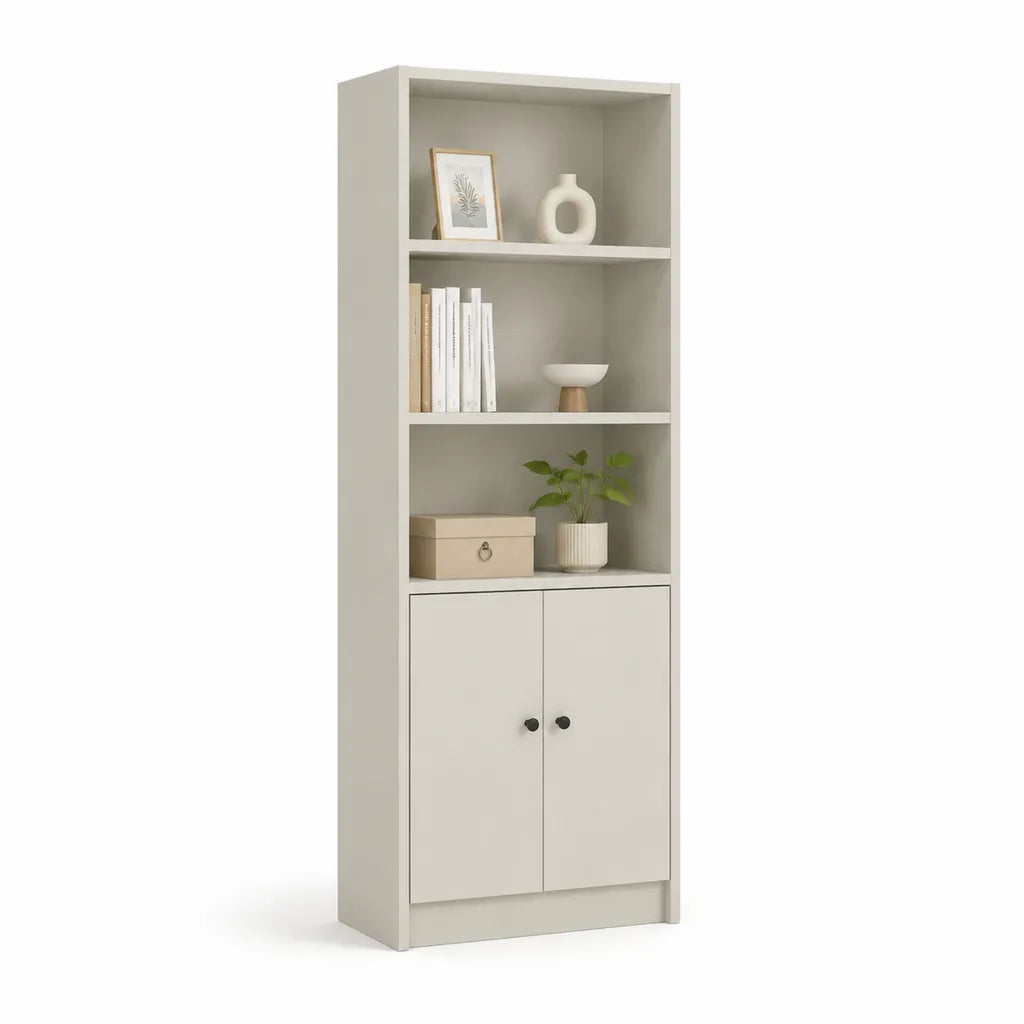Bucherregal mit 2 Turen und 3 offenen Fachern aus melaminharzbeschichteter Spanplatte rechteckig Beige 60 x 30 x 180 cm