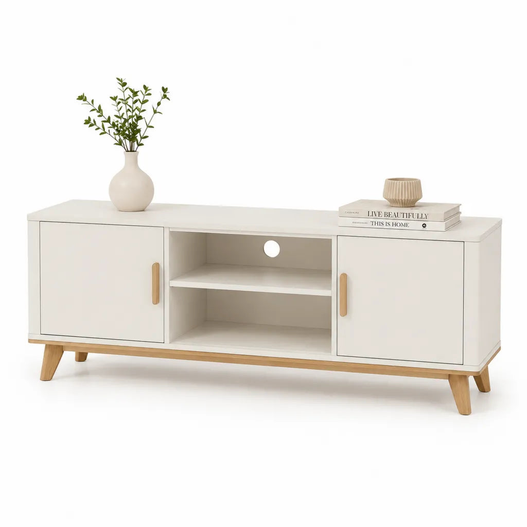 TV Lowboard mit 2 Turen und offenen Fachern MDF rechteckig Weiss Natur 140 x 40 x 50 cm