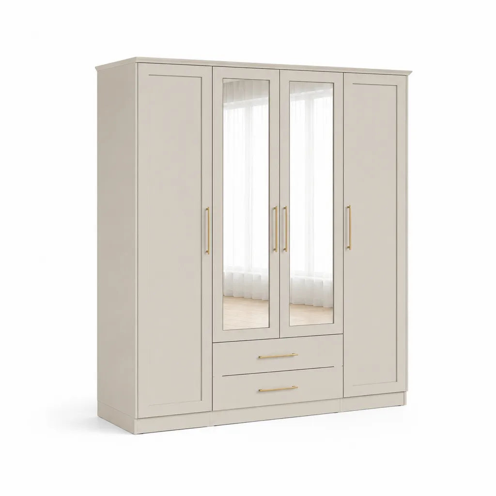 Kleiderschrank 4-turig mit 2 Spiegelturen und 2 Schubladen 200 x 52 x 200 cm Spanplatte Beige