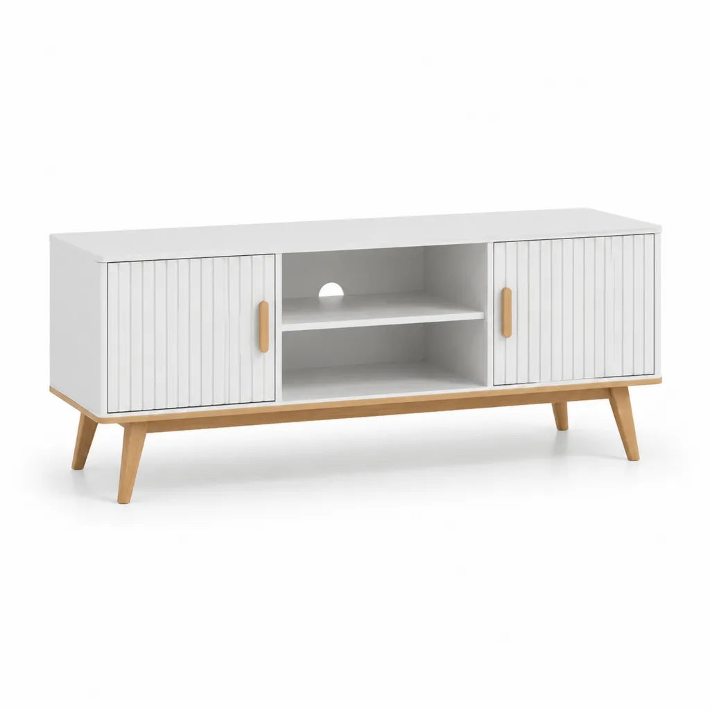 TV-Lowboard 120 x 40 x 60 cm aus MDF und Kautschukholz rechteckig Weiss/Natur