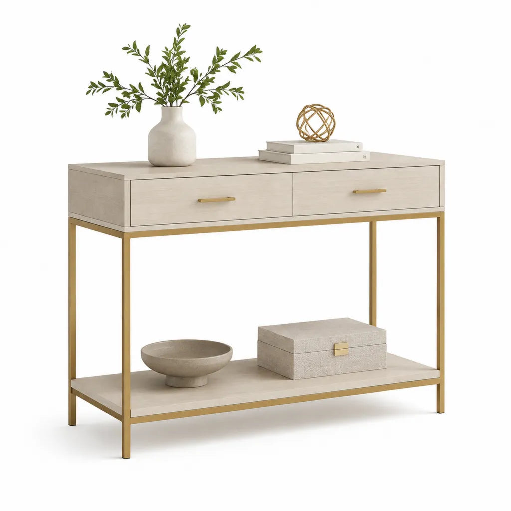 Konsolentisch mit 2 Schubladen und Ablage 120 x 35 x 80 cm MDF und Stahl rechteckig Beige Gold