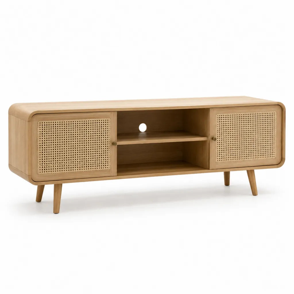TV-Lowboard 160 x 40 x 60 cm aus Mangoholz mit Rattan-Schiebeturen Natur